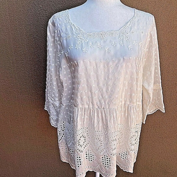 Vintage Johnny Was White Floral Peplum Embroidered Lace Blouse Top Tunic Size: S - Picture 1 of 11